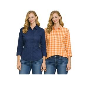 J. Crew Women’s XS/2 Cotton Blouses Eyelet Navy & Orange Plaid Long Sleeve EUC